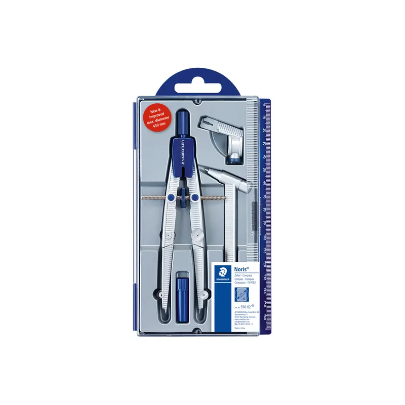Zirkel Staedtler Noris Club 55002 - Ø 395 mm Länge 156 mm silber/blau mit Verlängerungsstange und Universaladapter